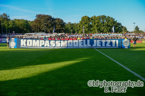 Protestaktion fuer die Regionalliga Reform, SV Babelsberg 03 - RSV Eintracht 1949, Regionalliga Nordost, 5. Spieltag, Saison 26/27, Fussball, 14.08.2026, Potsdam, Foto: Benjamin Feller