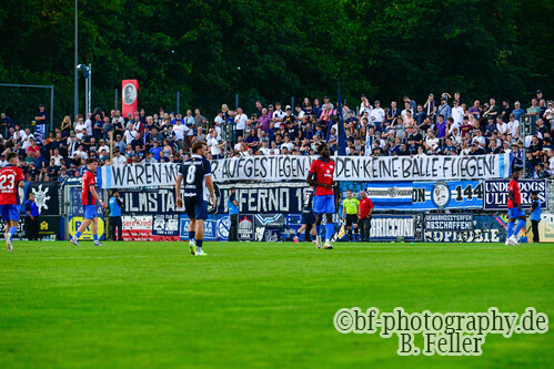 Protestaktion f&uuml;r eine Reform der Regionalliga, Babelsberg 03 - RSV Eintracht 1949, Regionalliga Nordost, 5. Spieltag, Saison 26/27, Fussball, 14.08.2026, Potsdam, Foto: Benjamin Feller